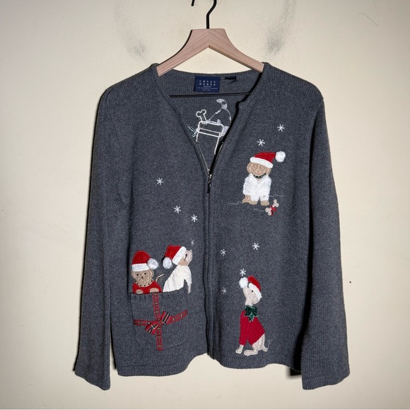 Crazy Horse By Liz Claiborne Sweaters - VINTAGE CRAZY HORSE holiday dog embroidered wool blend Gray cardigan Sweater XL
